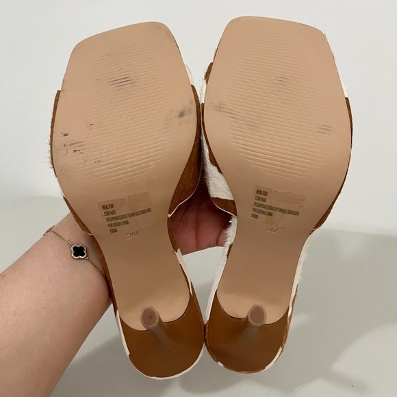 Steve Madden Signal Cow Print Calf Hair Square Toe Stiletto Mules Brown White 9M - Picture 7 of 8